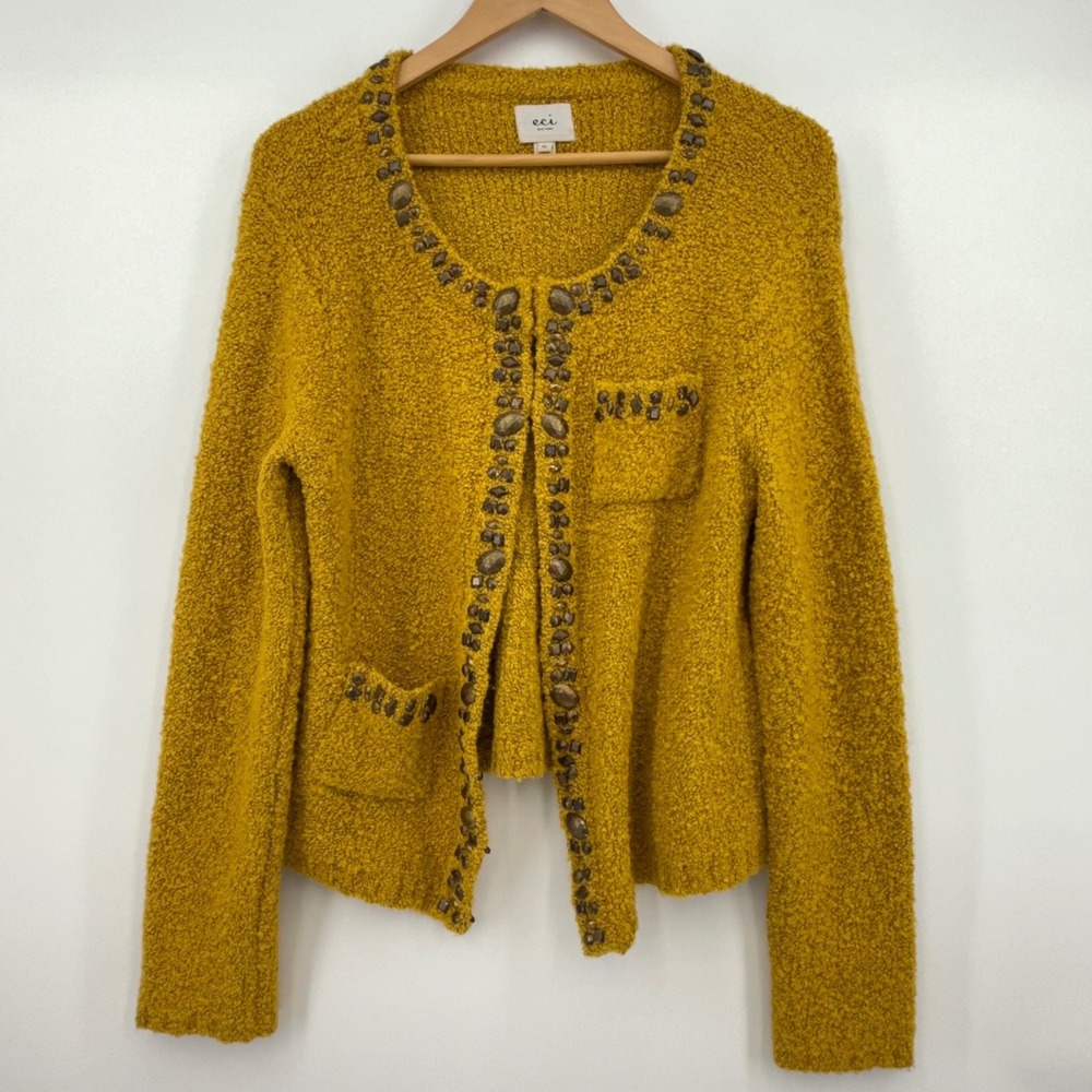 ECI New York Yellow Mustard‎ Boucle Blazer Jacket Studded Women's XL Vintage Y2K